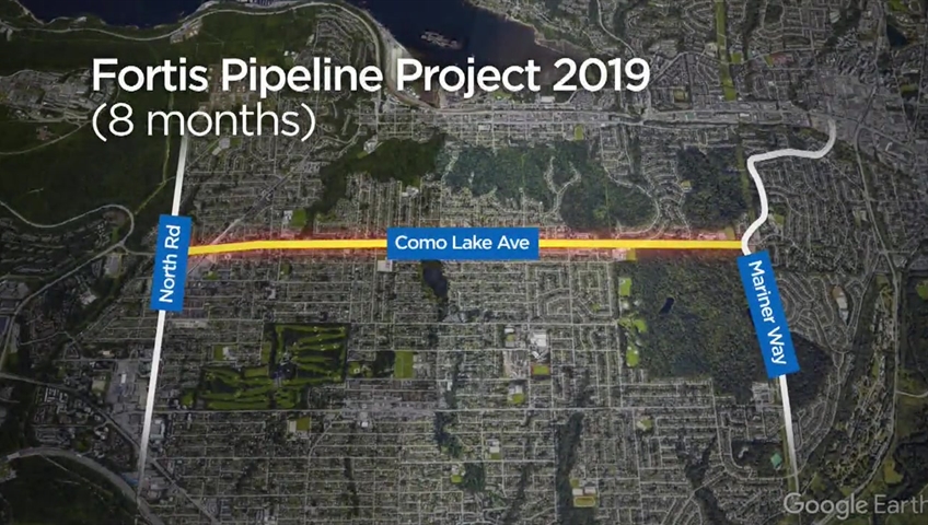 The route of the gas line upgrade construction on Como Lake Avenue planned for this year.