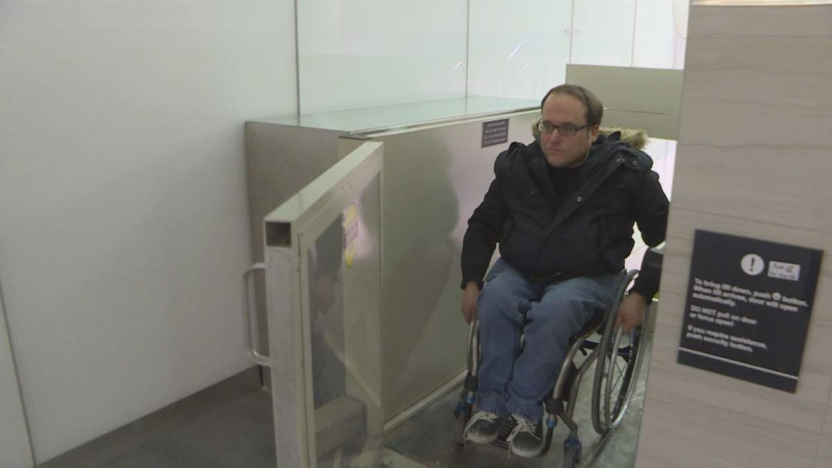 Allen Mankewich navigates the Portage and Main concourse underground Sunday.