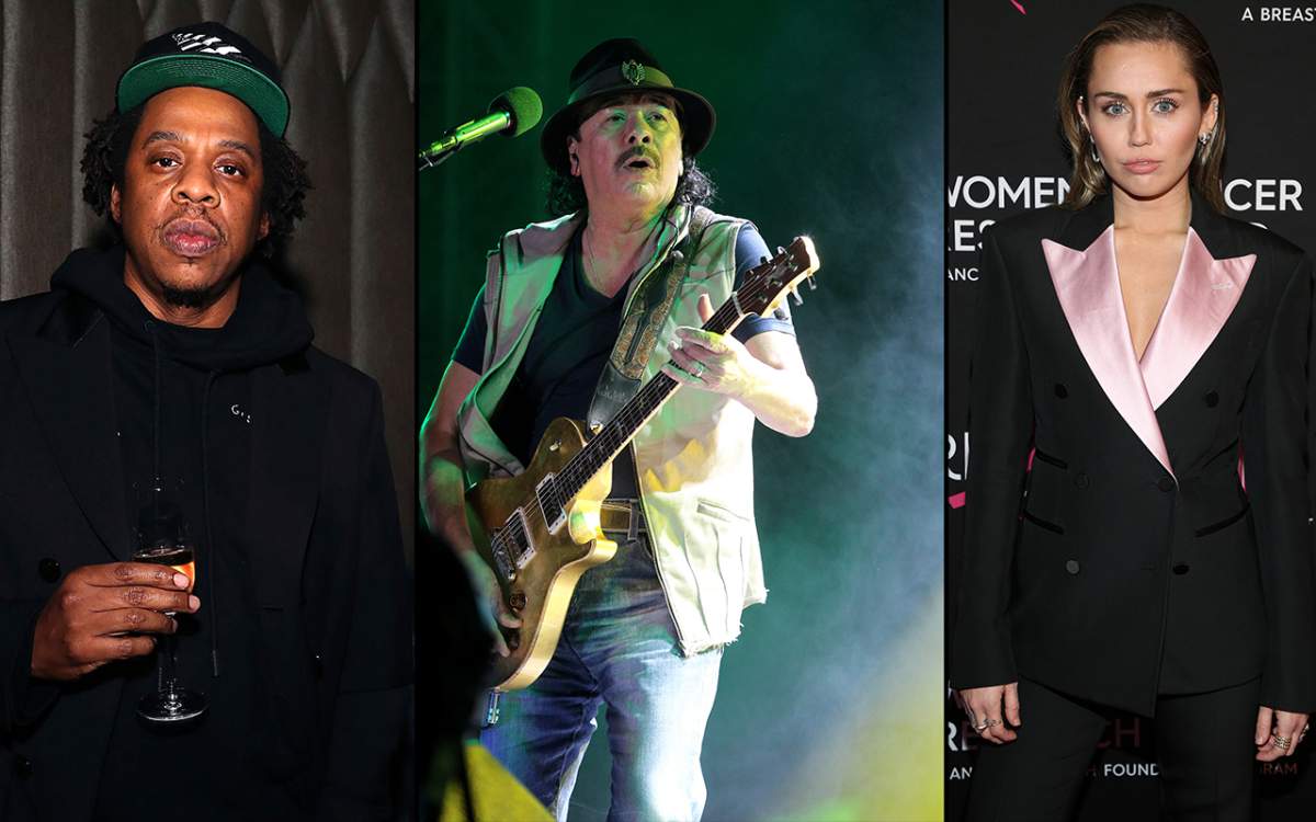 (L-R): Jay-Z, Carlos Santana and Miley Cyrus.