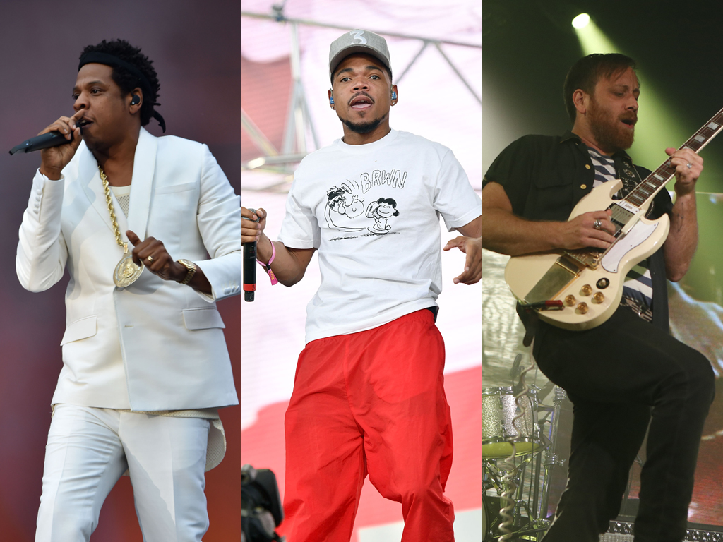 (L-R) Jay-Z, Chance the Rapper and Dan Auerbach of the Black Keys performing live onstage,.