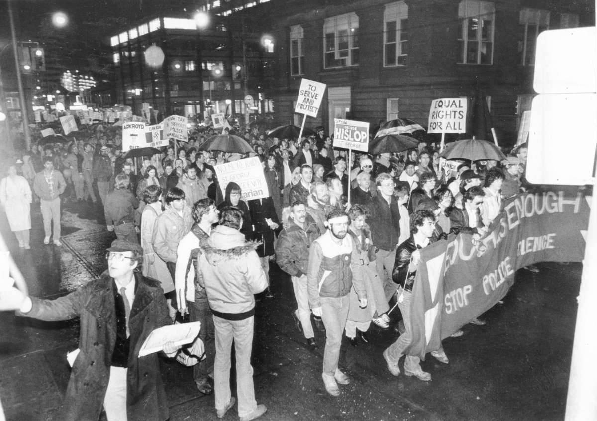 FEBRUARY 20, 1981 -- TORONTO -- Gay rights supporters march on Dundas Street in Toronto, on their way to 52 Division police station from Queen's Park. Six people were later arrested after a scuffle with police outside 52 Division station in what was generally a peaceful and well-controlled march. This was in marked contrast to the spontaneous demonstration two weeks ago in which violence erupted in the wake of police raids on four Toronto bathhouses frequented by gays. The organizers, members of the Right To Privacy Committee formed to defend the men charged as bawdy house keepers or found-ins, appealed to the crowd during speeches at Queen's Park not to become violent. Photo by Tibor Kolley / The Globe and Mail

Originally published Feb. 21, 1981.