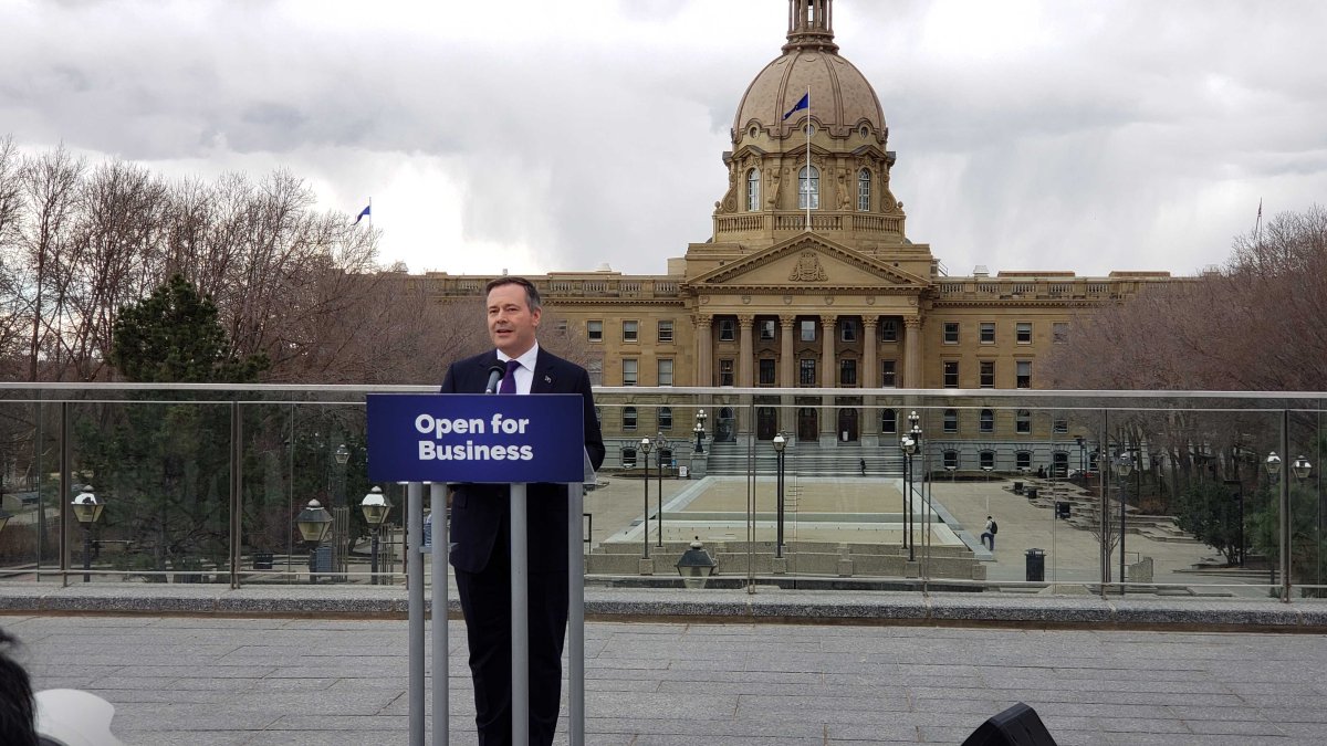 Premier-designate Jason Kenney speaks in front of the Alberta legislature on Wednesday, April 17, 2019, after winning a UCP majority April 16.