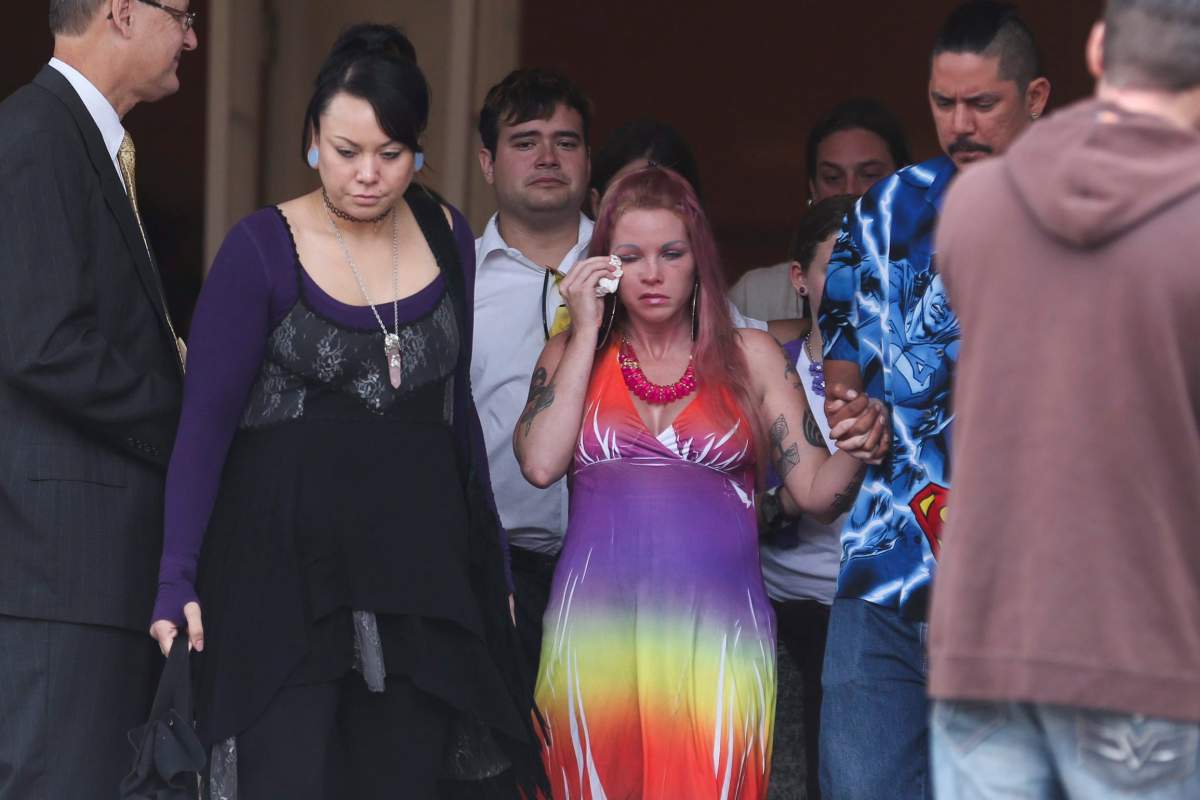 Michelle Kerr, mother of Phoebe Jonchuck, wipes her eyes as she leaves the church after memorial services for 5-year-old Phoebe Jonchuck at Lake Magdalene Methodist Church in Tampa on Wednesday, Jan. 14, 2015.