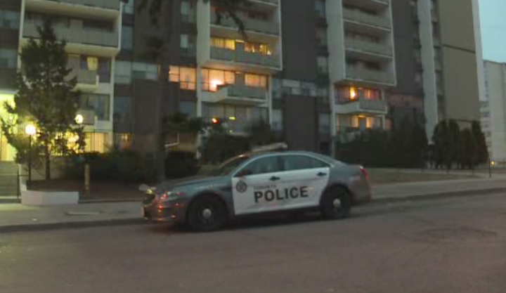 A police cruiser sits outside an apartment building on Canyon Avenue in Toronto following a stabbing incident on April 5, 2019.