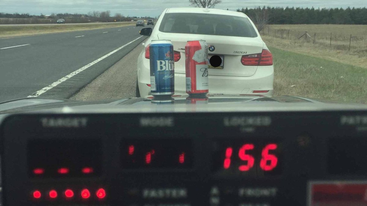 Peterborough County OPP say they clocked this vehicle travelling 156 km/h along Highway 115 south of Peterborough on Wednesday. Open liquor was also allegedly found in the vehicle.