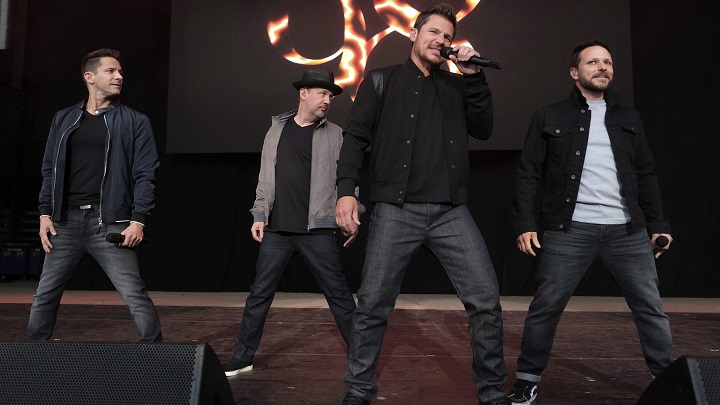 98 Degrees band members, from left, Jeff Timmons, Justin Jeffre, Nick Lachey and Drew Lachey perform at KTUphoria 2018 at Jones Beach Theater on June 16, 2018, in Wantagh, N.Y. 