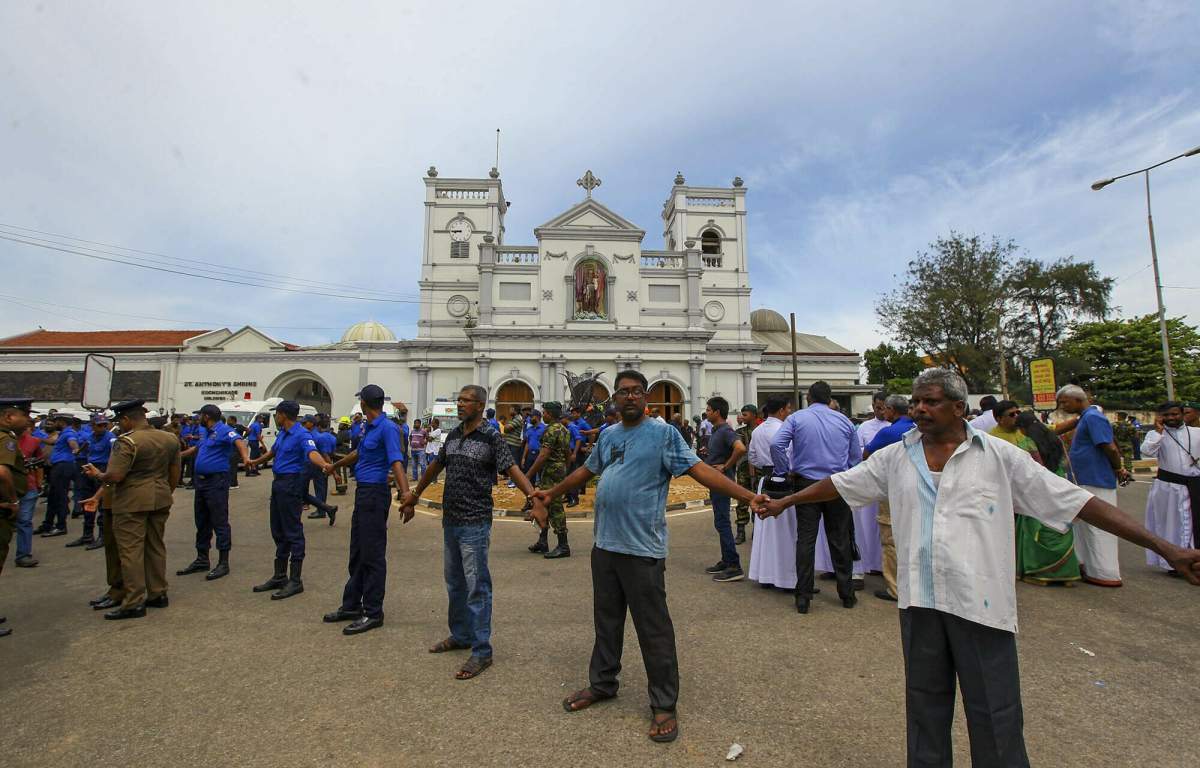 Sri Lankan army soldiers secure the area around St. Anthony’s Shrine after a blast in Colombo, Sri Lanka, Sunday, April 21, 2019. (AP Photo/ Rohan Karunarathne)