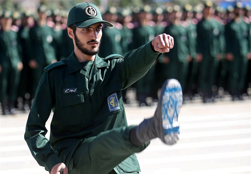 An Iranian Officer of Revolutionary Guards, with Israel flag drawn on his boots, is seen during graduation ceremony, held for the military cadets in a military academy, in Tehran, Iran, June 30, 2018.