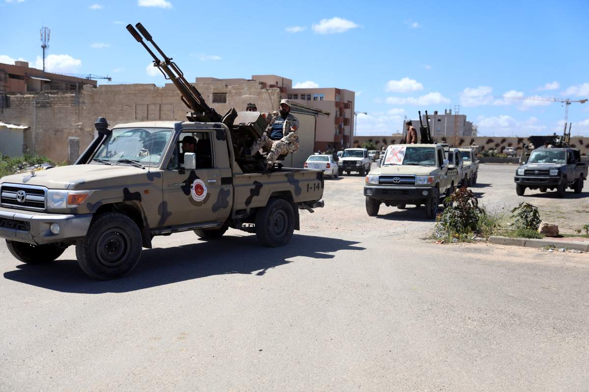 Members of Misrata forces, under the protection of Tripoli’s forces, prepare themselves to go to the front line in Tripoli, Libya April 8, 2019.