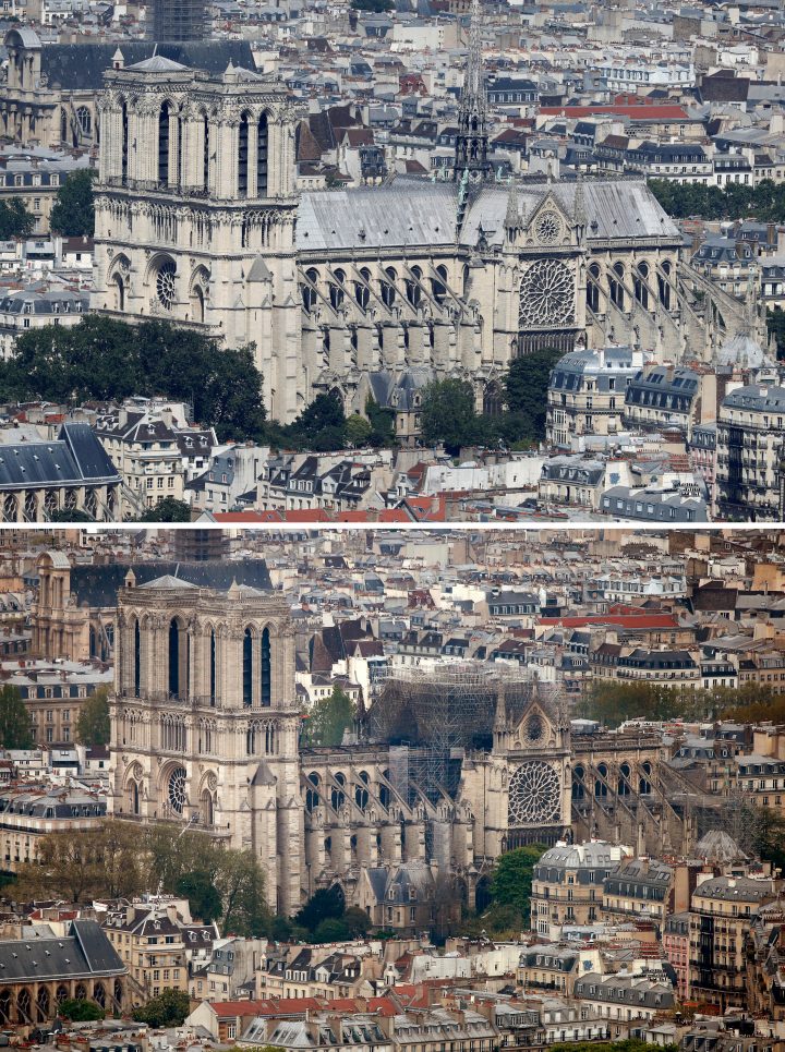 A combination picture shows views of Notre Dame Cathedral before and after a massive fire devastated large parts of the Gothic structure in Paris.
