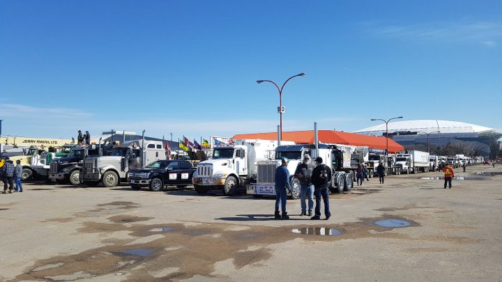 A ground-level view of the parked convoy.