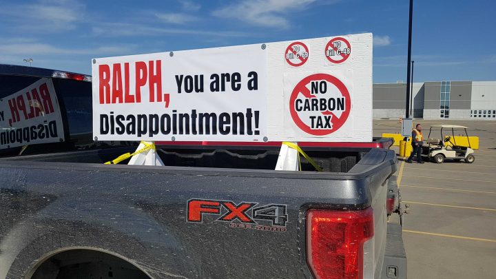 One of many protest signs directed at Regina Wascana MP Ralph Goodale.