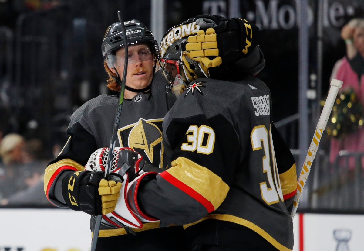 Vegas Golden Knights center Cody Eakin, left, embraces Vegas Golden Knights goaltender Malcolm Subban after their team defeated the Edmonton Oilers in an NHL hockey game Monday, April 1, 2019, in Las Vegas.