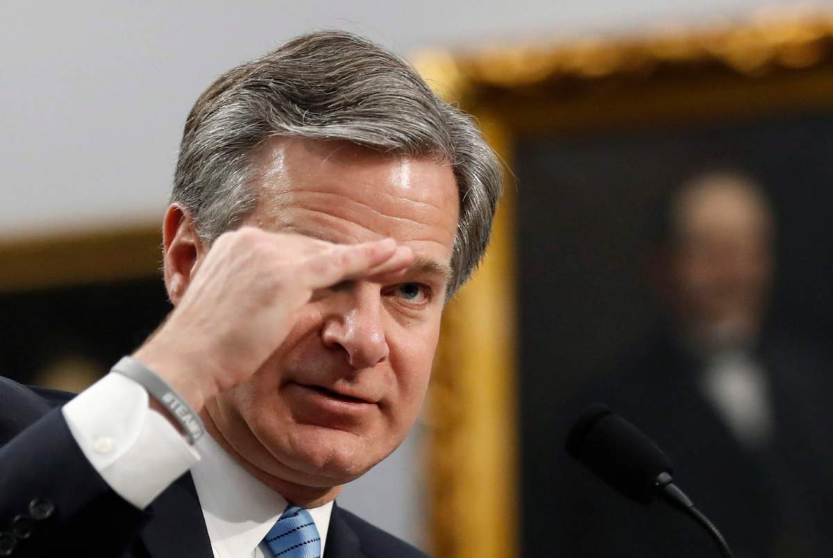 FBI Director Christopher Wray testifies before a House Appropriations subcommittee hearing on the bureau's budget, Thursday, April 4, 2019, on Capitol Hill in Washington. 