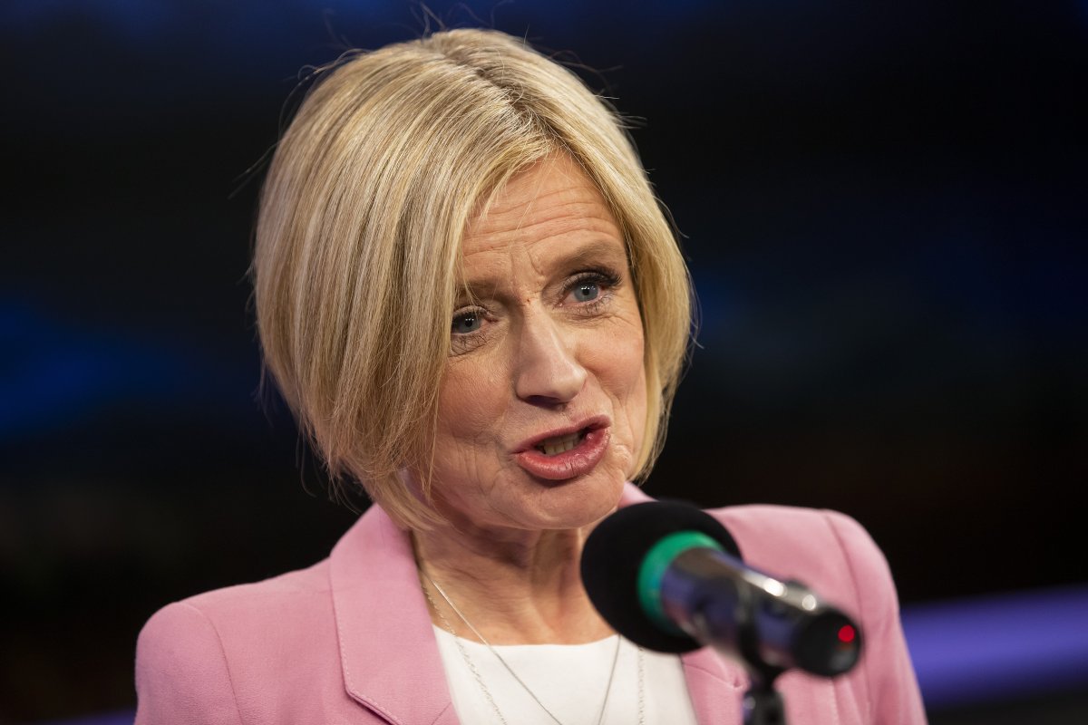 Alberta NDP leader and incumbent premier Rachel Notley speaks to the press after the 2019 Alberta Leaders Debate in Edmonton, Alta., in this photo on Thursday, April 4, 2019. Notley spoke in front of senators exhorting them to toss the tanker ban bill 'in the garbage.'.