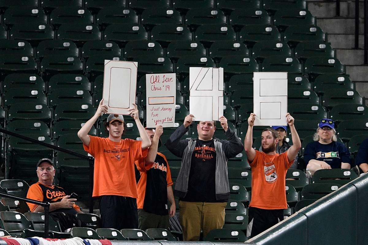 Fans hold up a signs referring to Baltimore Orioles’ Chris Davis during the fifth inning of a baseball game between the Orioles and the Oakland Athletics, Monday, April 8, 2019, in Baltimore. (AP Photo/Nick Wass)