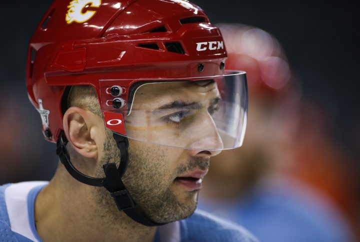 Calgary Flames' Mark Giordano looks on during practice in Calgary, Tuesday, April 9, 2019.