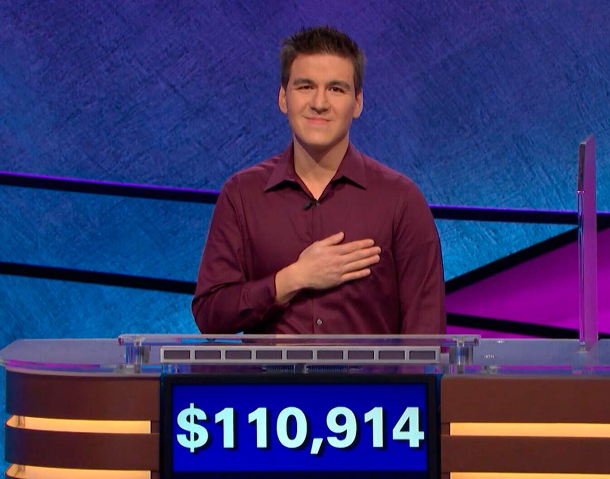 This image made from video aired on "Jeopardy!" on Tuesday, April 9. 2019, and provided by Jeopardy Productions, Inc. shows James Holzhauer.  The 34-year-old professional sports gambler from Las Vegas won more than $110,000 on "Jeopardy!" on Tuesday, breaking the record for single-day cash winnings. 