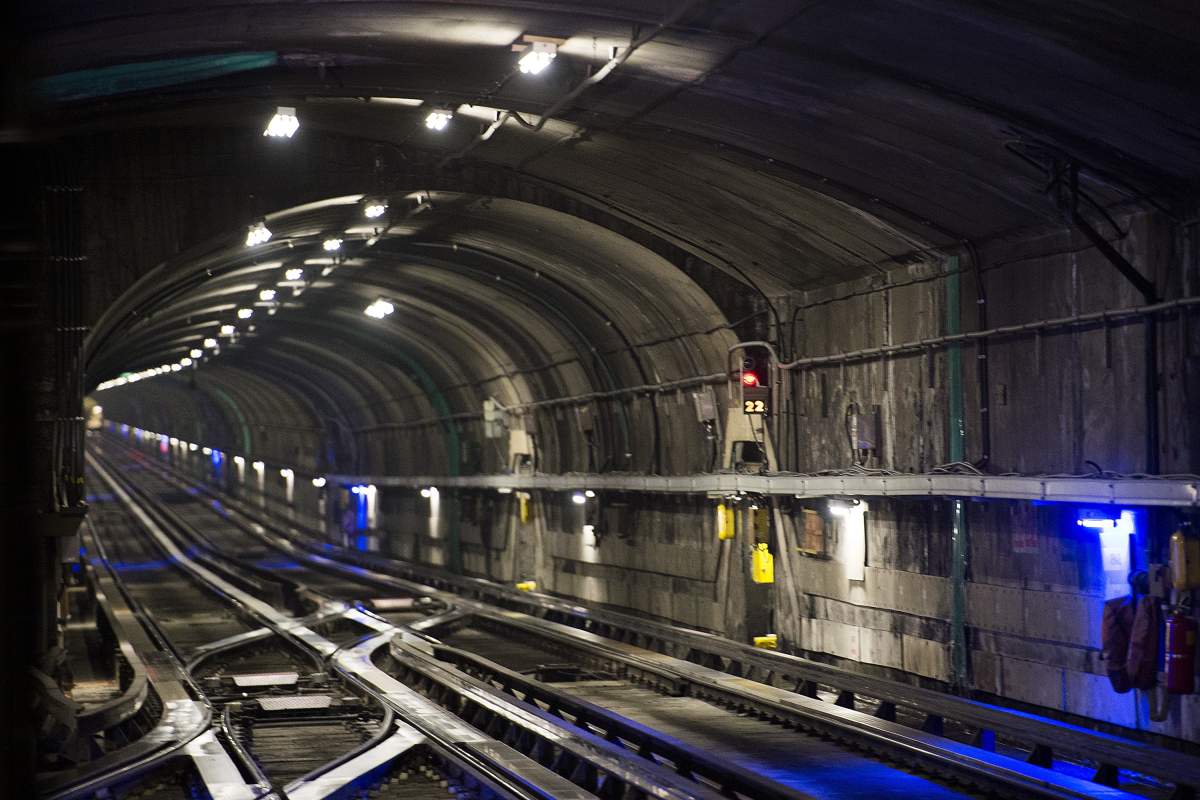 Montreal Metro tracks are shown in a tunnel during the early hours of the morning in Montreal, Thursday, April 11, 2019.