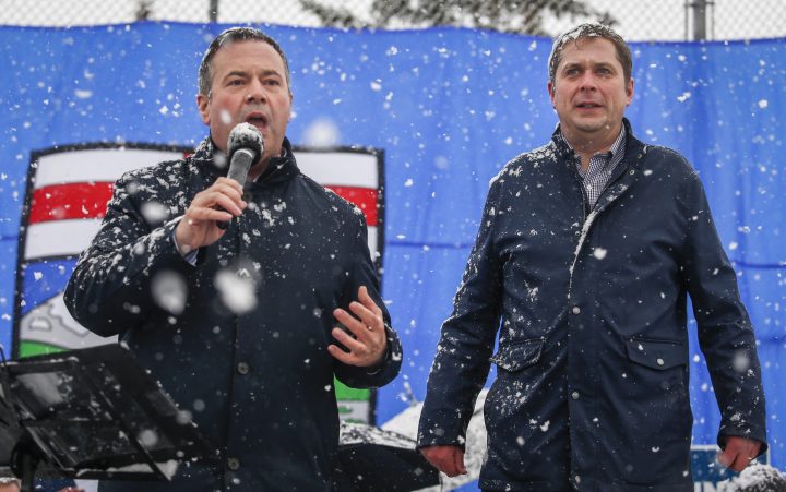 United Conservative Party leader Jason Kenney, left, and federal Conservative Party leader Andrew Scheer attend a campaign rally in Calgary, Alta., Thursday, April 11, 2019.
