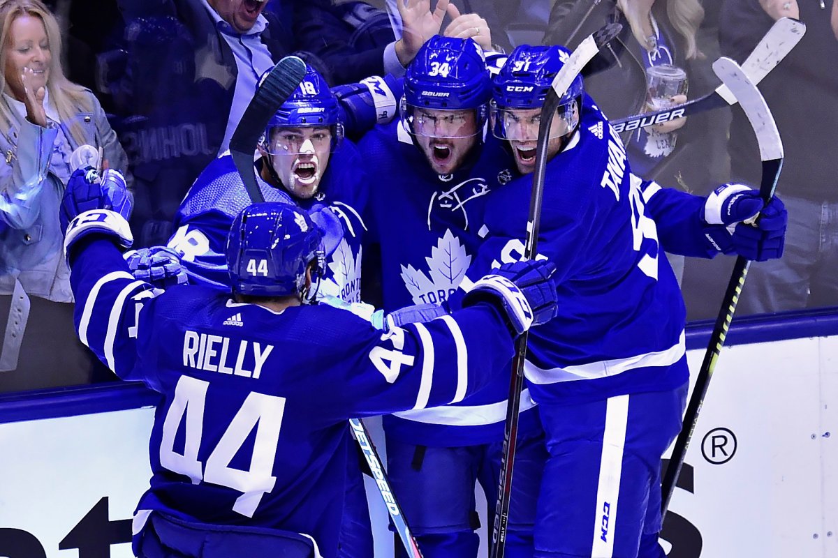 Toronto Maple Leafs centre Auston Matthews (34) celebrates his goal against the Boston Bruins with teammates during second period NHL playoff hockey action in Toronto, on Monday, April 15, 2019.