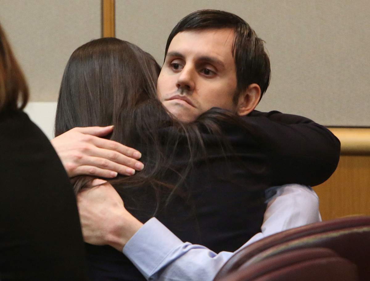 Defendant John Jonchuck hugs his attorney Jessica Manuele after a jury found him guilty, Tuesday, April 16, 2019, Clearwater, Fla.