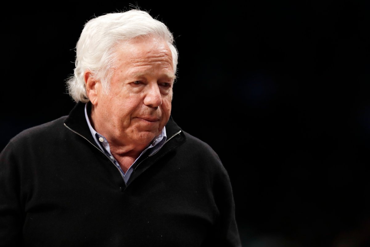 In this April 10, 2019, file photo, New England Patriots owner Robert Kraft leaves his seat during an NBA basketball game between the Brooklyn Nets and the Miami Heat, in New York.