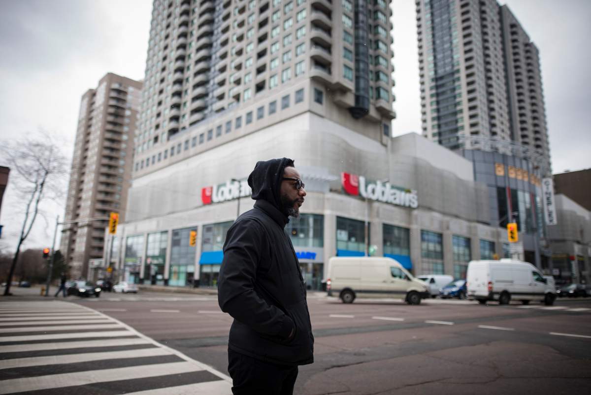 Dion Fitzgerald retraces his route where he witnessed the aftermath of the 2018 van attack while out on his lunch break, along Yonge Street in Toronto on Thursday, April 11, 2019.