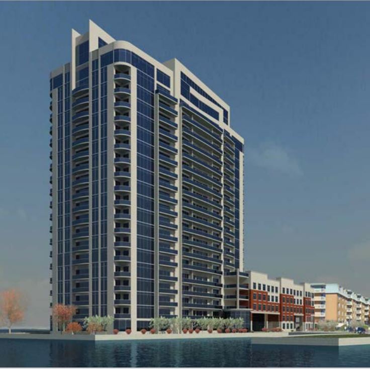 The waterfront project includes a 20-storey, 292-unit residential tower on the Lower Union Street wharf with an adjacent five-storey parking podium