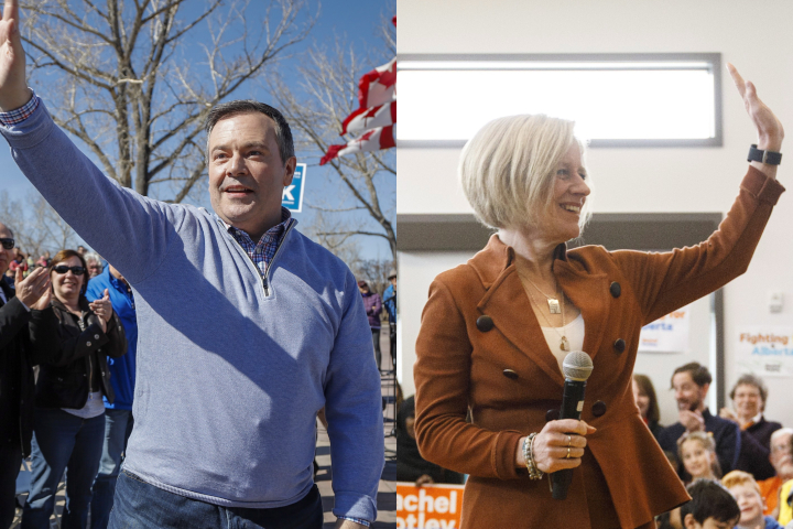 UCP leader Jason Kenney in Calgary on Sat., March 30, and Alberta NDP Leader Rachel Notley in Edmonton on Sunday, March 31, 2019.