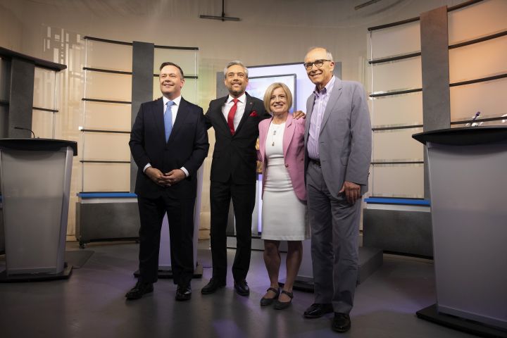 United Conservative Party leader Jason Kenney, left to right, Alberta Liberal Party leader David Khan, Alberta New Democrat Party leader and incumbent premier Rachel Notley and Alberta Party leader Stephen Mandel pose before the start of the 2019 Alberta Leaders Debate in Edmonton, Alta., on Thursday, April 4, 2019. 