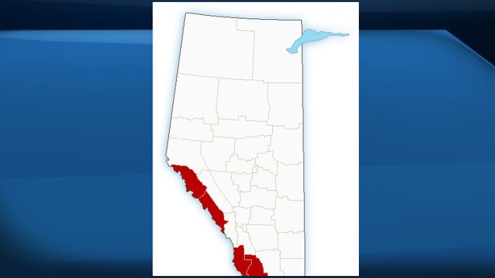 A map of Alberta showing area that were under a weather warning on April 18, 2019.