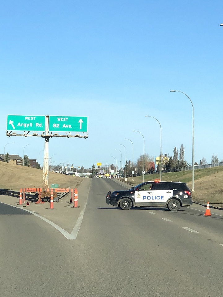 Edmonton police block off Sherwood Park Freeway between 50 Street and 75 Street after a two vehicle crash.