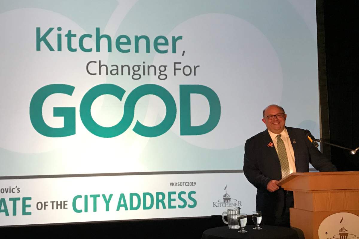 Berry Vrbanovic announced his Corporate Climate Action Plan during his annual State of the City address at the Kitchener Operations Facility.