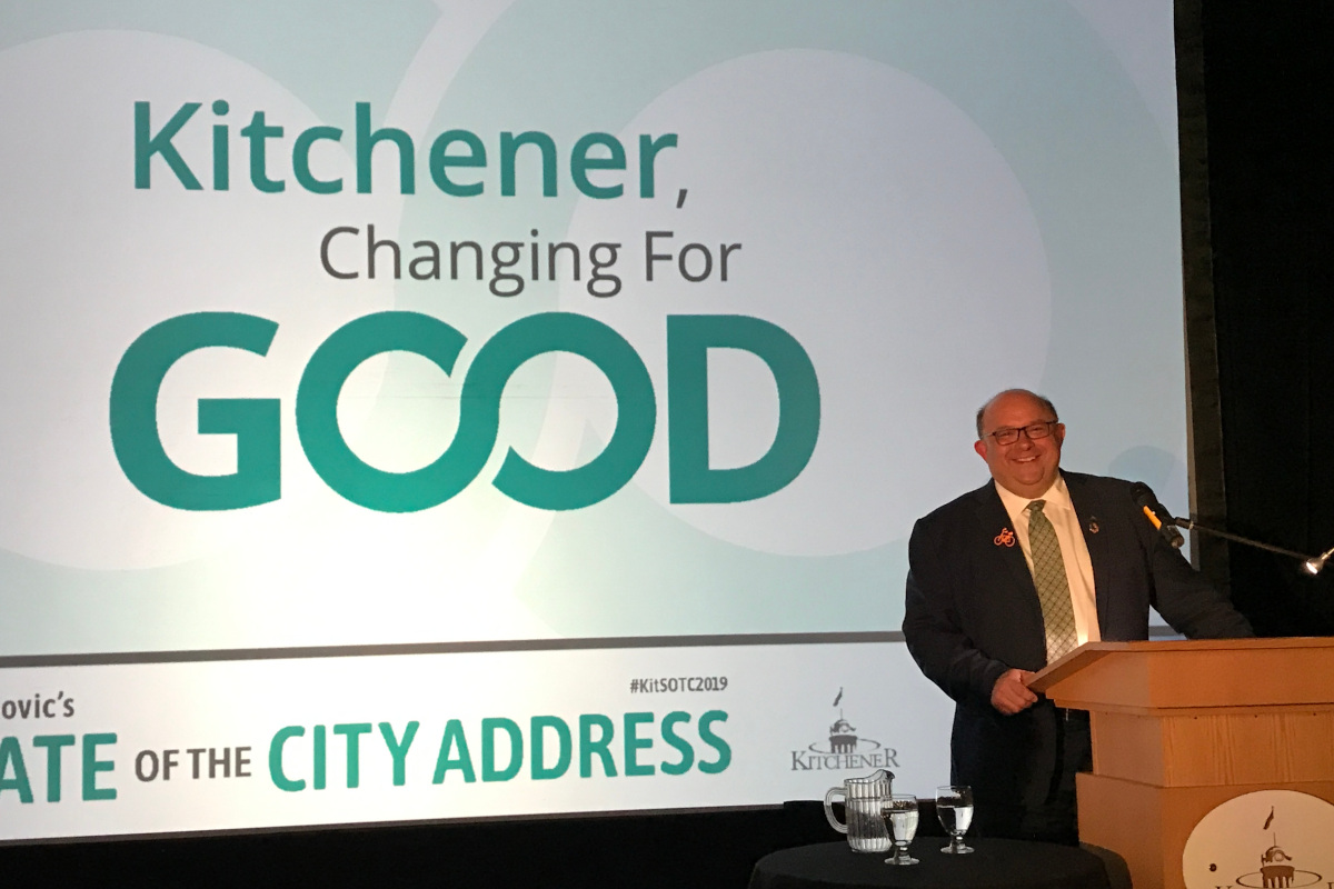 Berry Vrbanovic announced his Corporate Climate Action Plan on Thursday night during his annual State of the City address at the Kitchener Operations Facility.