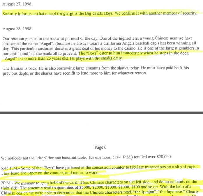 A casino whistleblower recorded journal notes about staff’s belief the Big Circle Boys had placed loan sharks in the Richmond casino’s baccarat pit.