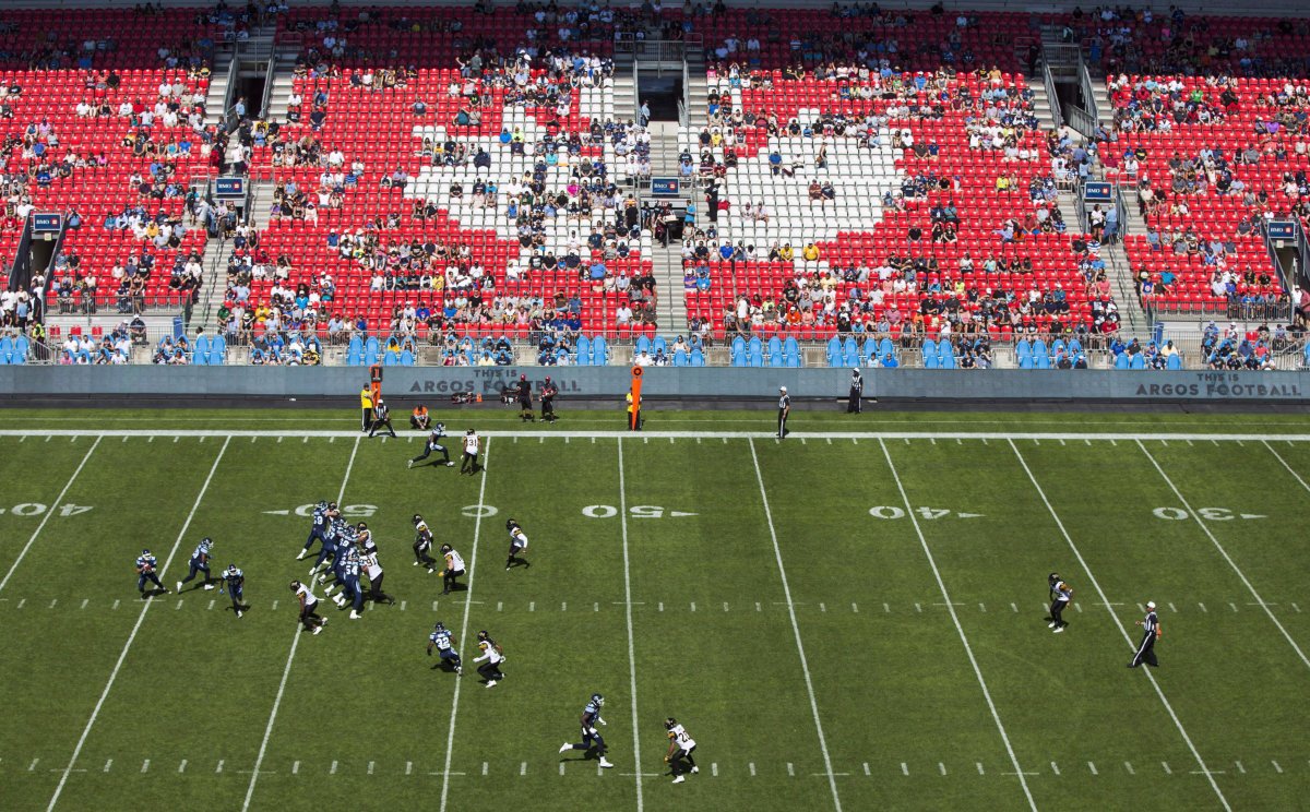 The stands are sparsely filled as the Toronto Argonauts and Hamilton Tiger-Cats play during the first half of CFL football preseason action, at the first ever game played at BMO Field, in Toronto on June 11, 2016.