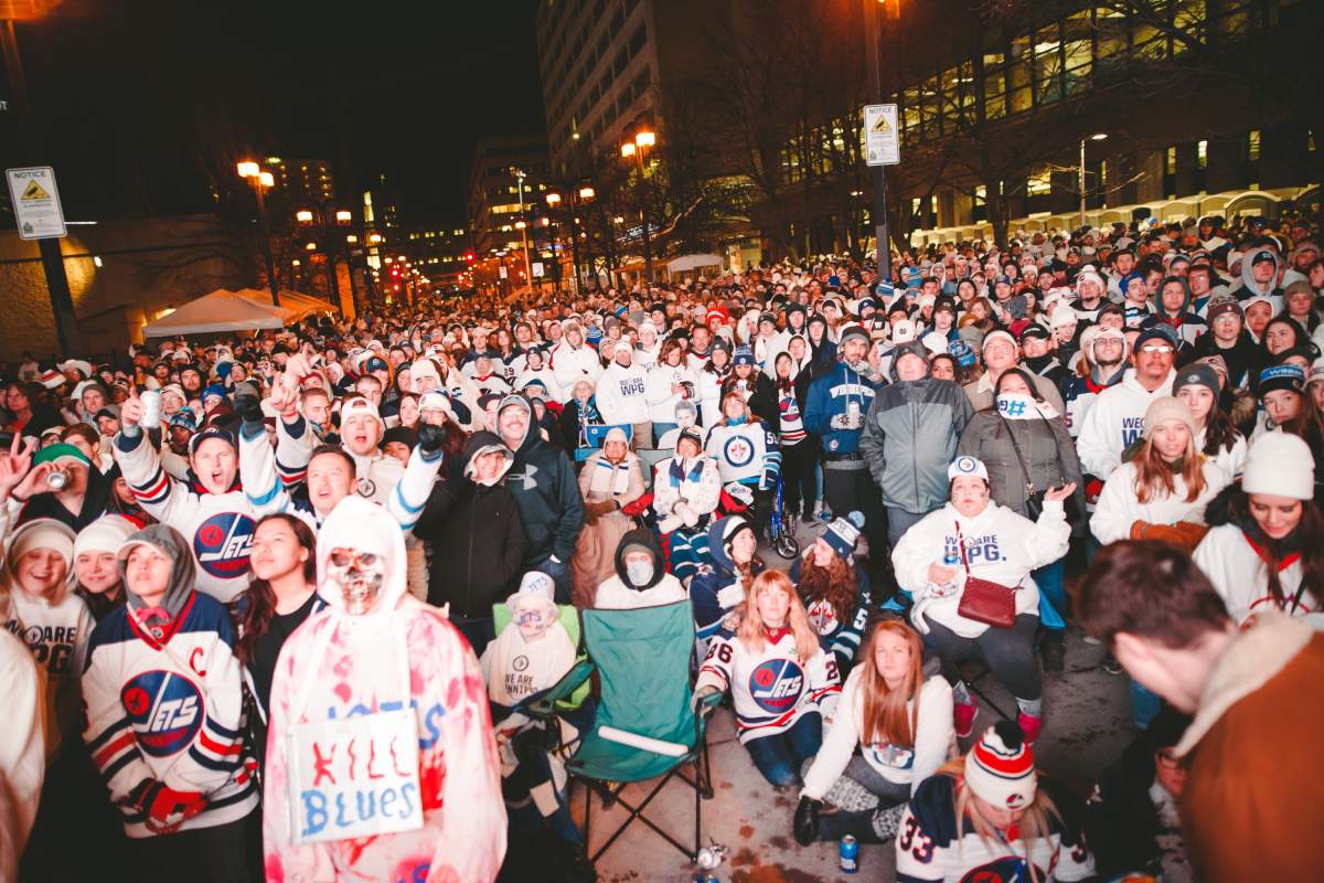 The crowd at a Winnipeg Whiteout Party on April 12, 2019.