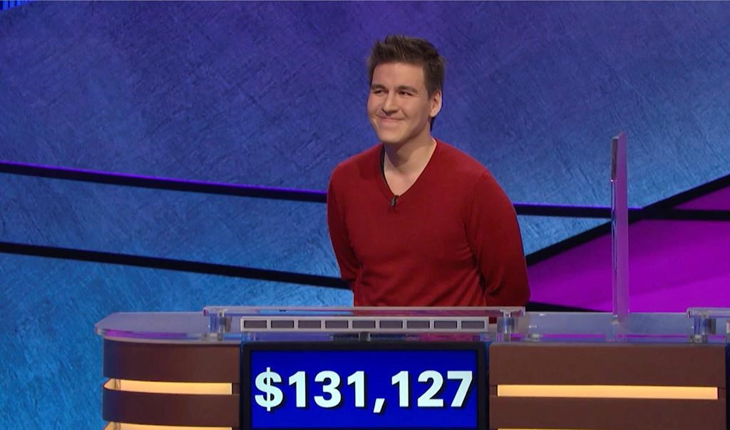 This image made from video aired on "Jeopardy!" on Wednesday, April 17, 2019, and provided by Jeopardy Productions, Inc. shows James Holzhauer.