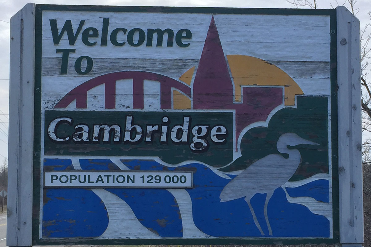 A sign welcomes people to Cambridge, Ont.