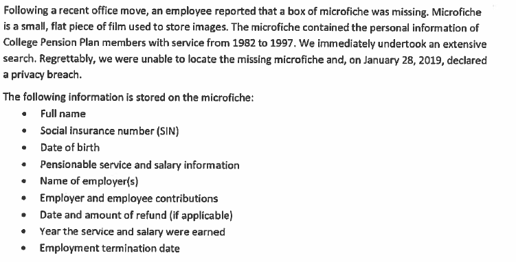 This letter was sent out to 8,000 affected members of the College Pension Plan.