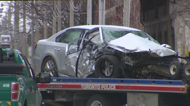 Global News cameras captured the vehicle being loaded onto a Toronto police tow truck at the scene.