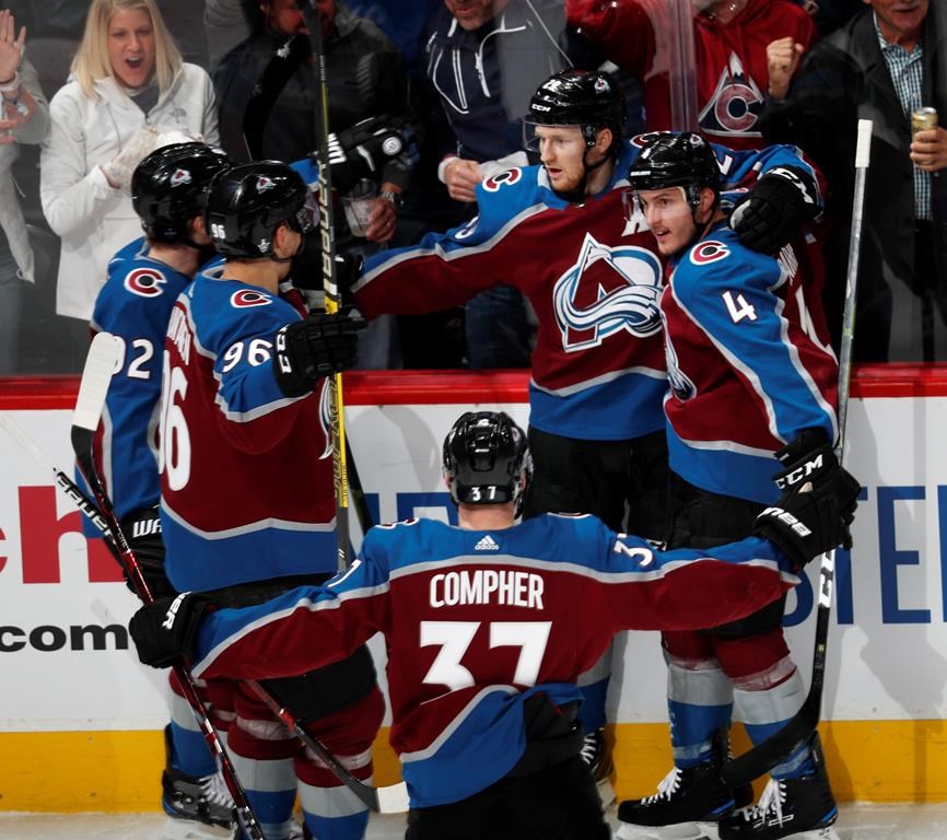 Colorado Avalanche center Nathan MacKinnon, back center, is congratulated after his power-play goal by teammates Gabriel Landeskog, back left, and Mikko Rantanen, front left, J.T. compeer, front, and Tyson Barrie in the first period of Game 3 of a first-round NHL hockey playoff series against the Calgary Flames, Monday, April 15, 2019, in Denver. (AP Photo/David Zalubowski).
