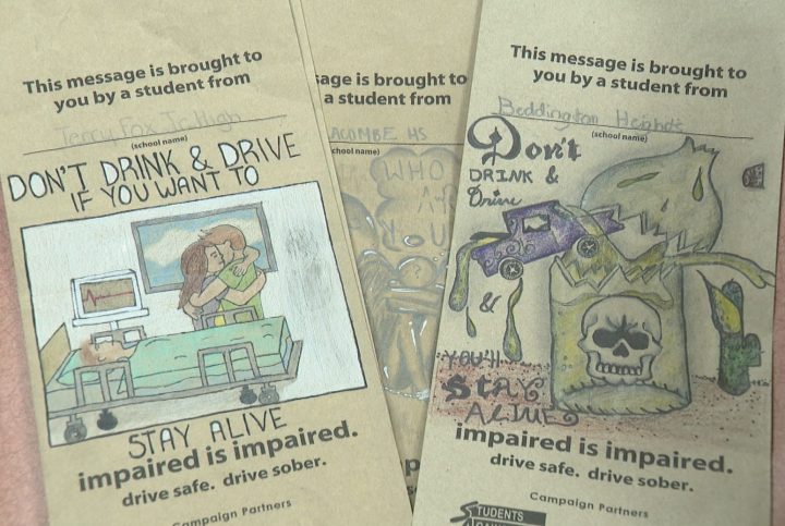 Winning SADD liquor bag contest entries with drawings done by Calgary students.