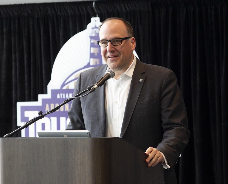 Anthony LeBlanc, Founding Partner, Schooners Sports and Entertainment, speaks at a press conference in Moncton, N.B., on Friday, March 29, 2019. The federal Crown corporation that owns the land in Halifax where a stadium could be built for a proposed CFL franchise confirmed today that more public consultations will be held.
