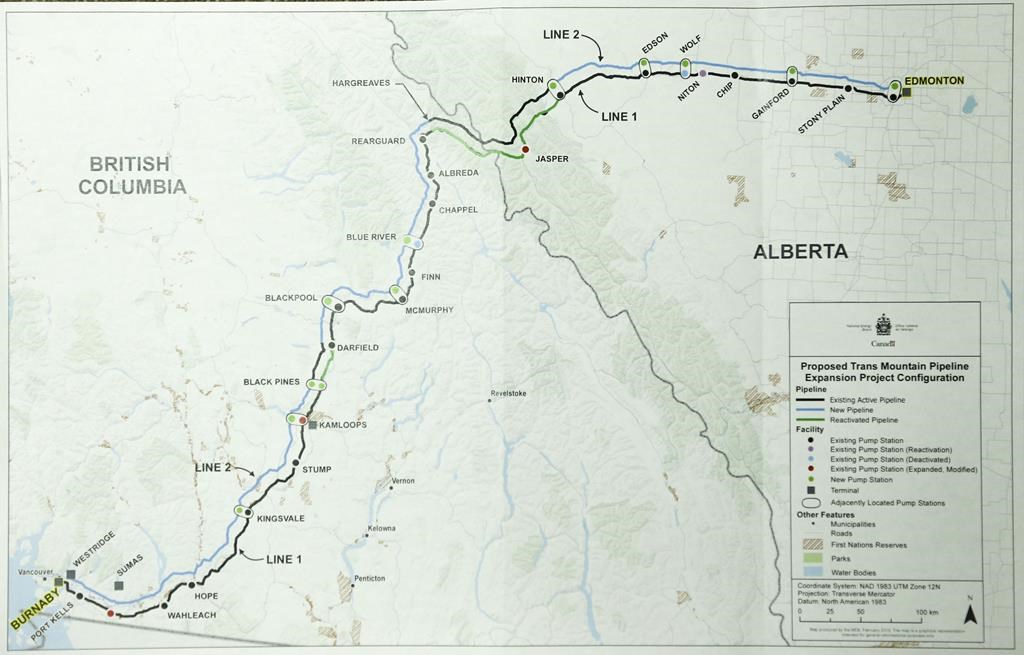 A map of the proposed Trans Mountain pipeline expansion is shown as the National Energy Board releases the board’s reconsideration report on marine shipping related to the expansion project, in Calgary, Alta., Friday, Feb. 22, 2019.
