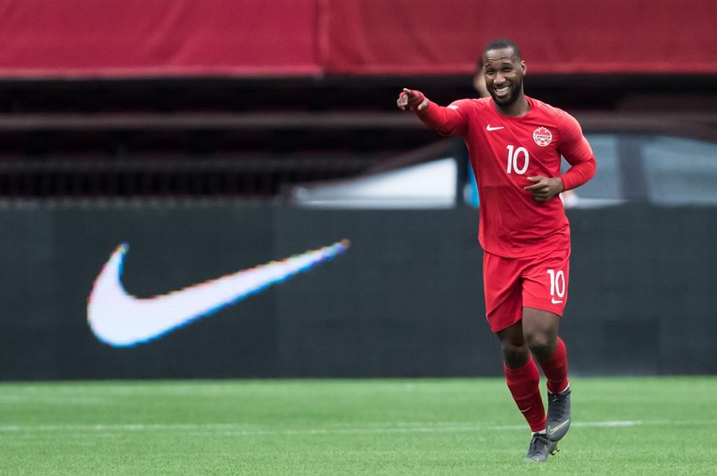 Canada's David Junior Hoilett celebrates his goal against French Guiana during the first half of a CONCACAF Nations League qualifying soccer match in Vancouver on March 24, 2019. Canada learns its road at the Gold Cup on Wednesday when the four groups for this summer’s CONCACAF championship are unveiled at an event in Los Angeles. THE CANADIAN PRESS/Darryl Dyck.