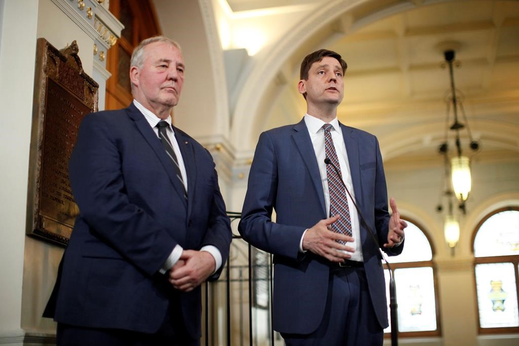 B.C. Attorney General David Eby and Federal Minister of Border Security and Organized Crime Reduction Bill Blair speak to media following a meeting to discuss money laundering during a press conference at Legislature on March 27, 2019. THE CANADIAN PRESS/Chad Hipolito.