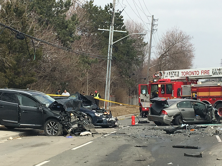 Toronto police are investigating after a woman died in this crash in the city's east end on Saturday.