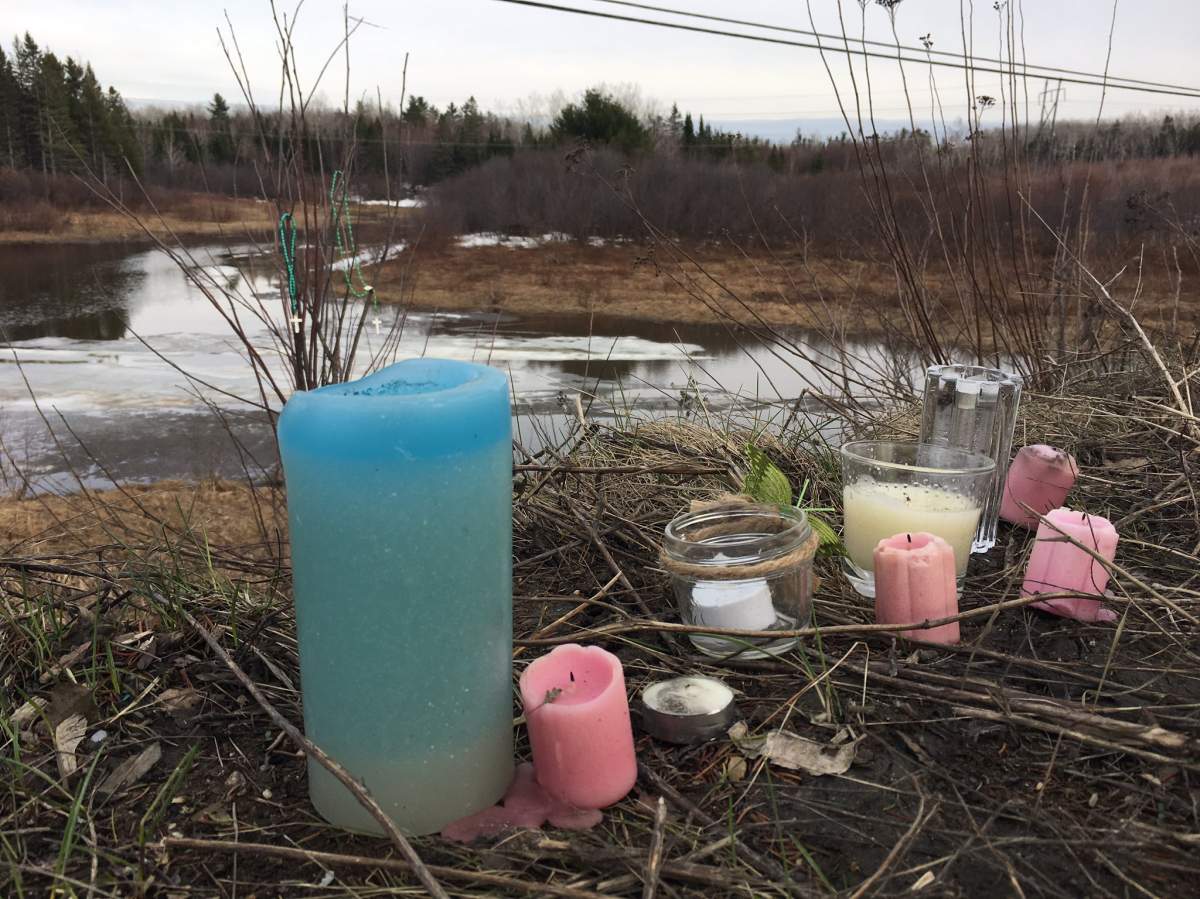 A small memorial to honour the four teenagers who died in a fatal crash near Miramichi, N.B., over the Easter long weekend is seen on April 22, 2019